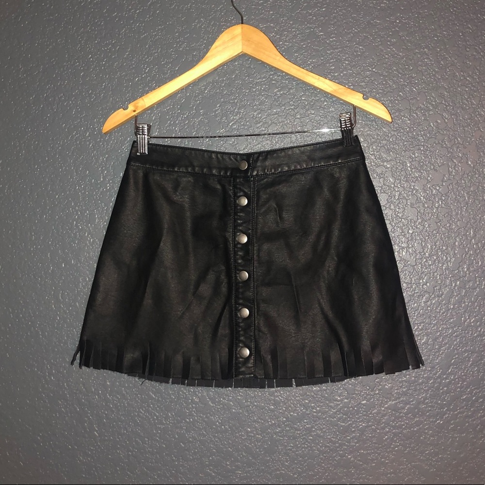 leather fringe button up mini skirt